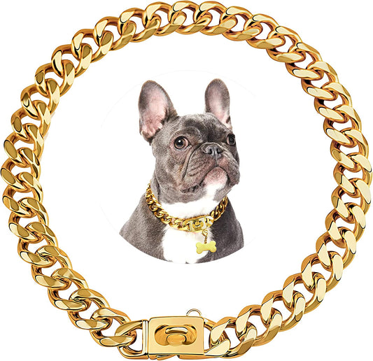 Gold Dog Chain Collar 19Mm Stainless Steel Cuban Link Chain Strong Heavy Duty Chew Proof Dog Necklace with Buckle for Luxury Training Dog Chain Collars for Medium Large Dog Gold Chain (20 Inch)